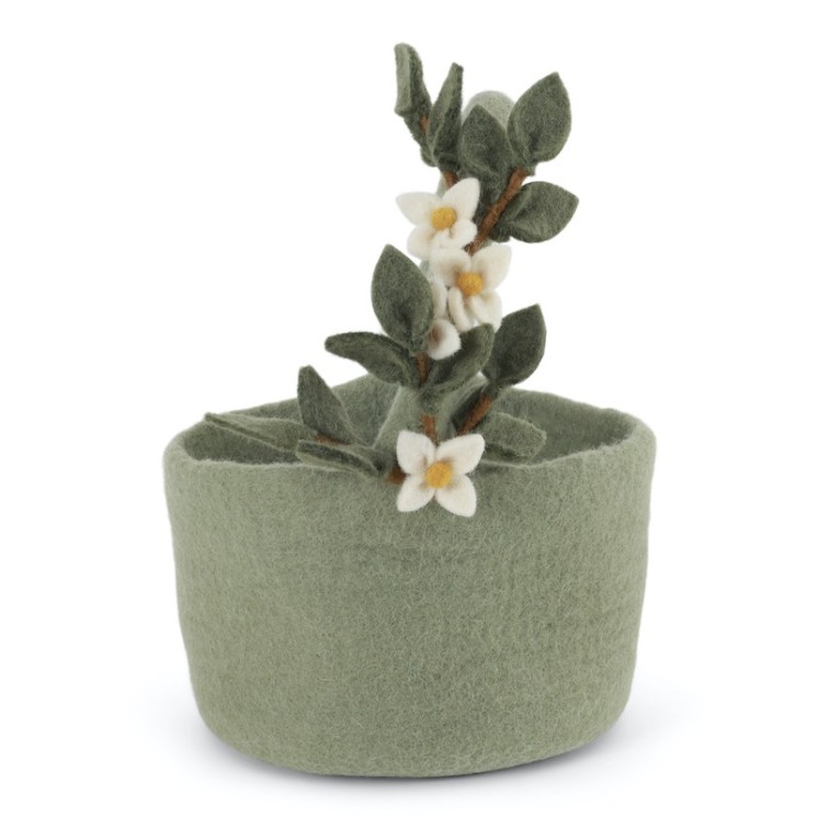 Panier vert en laine fleuri